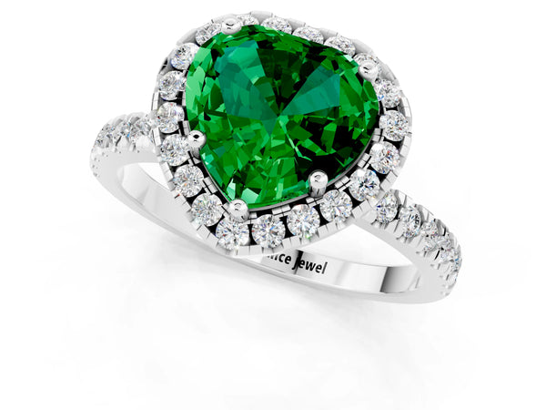 Silver Heart Cut Emerald Classic Halo Engagement Ring with Round Pavé Band and Prong Setting