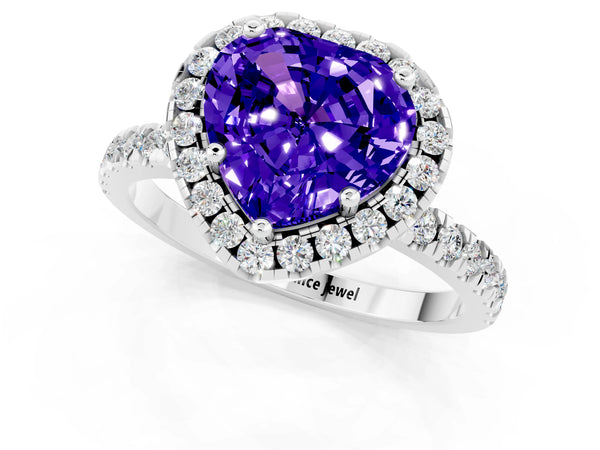 White gold Heart Cut Tanzanite Classic Halo Engagement Ring with Round Pavé Band and Prong Setting