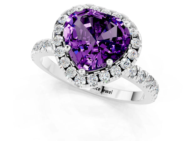 Platinum Heart Cut Amethyst Classic Halo Engagement Ring with Round Pavé Band and Prong Setting