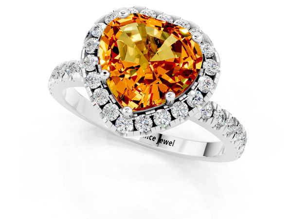 Platinum Heart Cut Citrine Classic Halo Engagement Ring with Round Pavé Band and Prong Setting