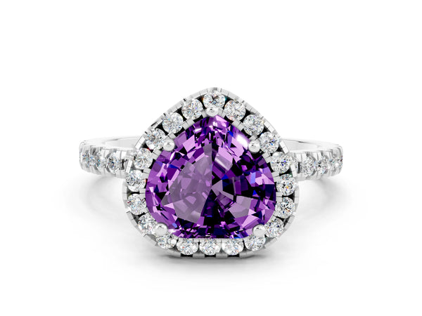 Silver Heart Cut Amethyst Classic Halo Engagement Ring with Round Pavé Band and Prong Setting