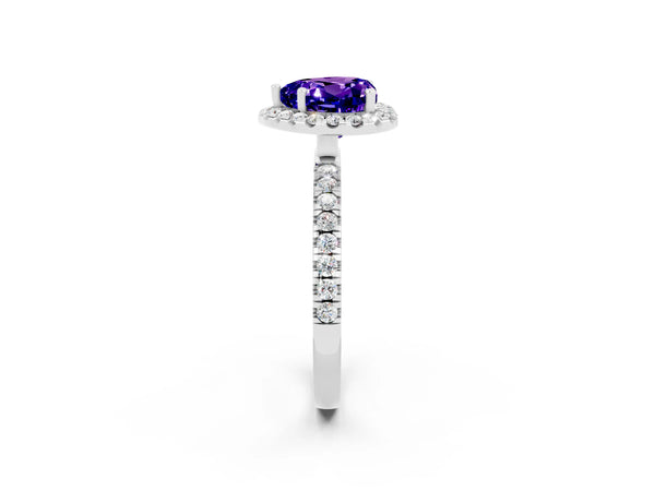 Silver Heart Cut Tanzanite Classic Halo Engagement Ring with Round Pavé Band and Prong Setting
