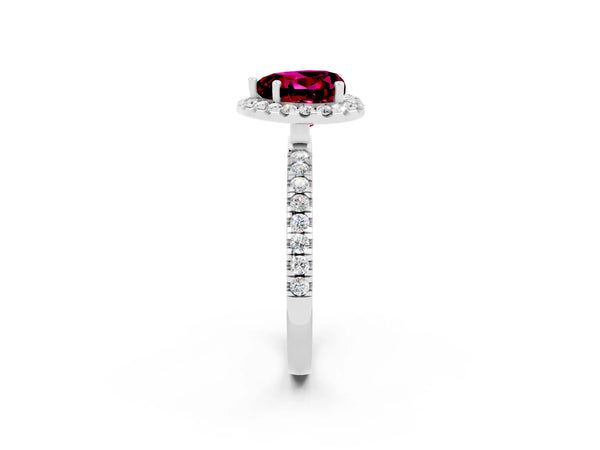 Platinum Heart Cut Garnet Classic Halo Engagement Ring with Round Pavé Band and Prong Setting