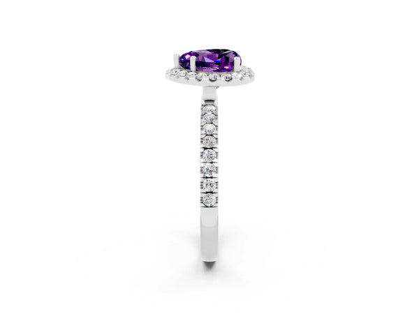 Silver Heart Cut Amethyst Classic Halo Engagement Ring with Round Pavé Band and Prong Setting