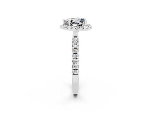 Platinum Heart Cut Moissanite Classic Halo Engagement Ring with Round Pavé Band and Prong Setting