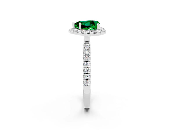 Platinum Heart Cut Emerald Classic Halo Engagement Ring with Round Pavé Band and Prong Setting