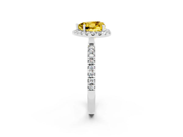Platinum Heart Cut Yellow Sapphire Classic Halo Engagement Ring with Round Pavé Band and Prong Setting
