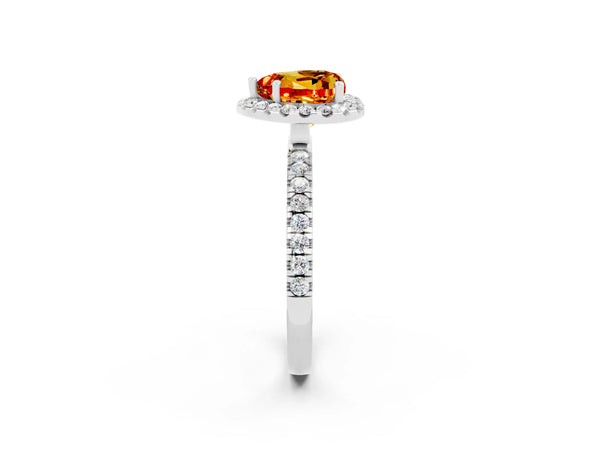 Platinum Heart Cut Citrine Classic Halo Engagement Ring with Round Pavé Band and Prong Setting