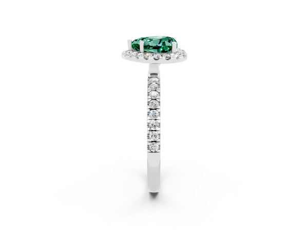 Silver Heart Cut Green Sapphire Classic Halo Engagement Ring with Round Pavé Band and Prong Setting