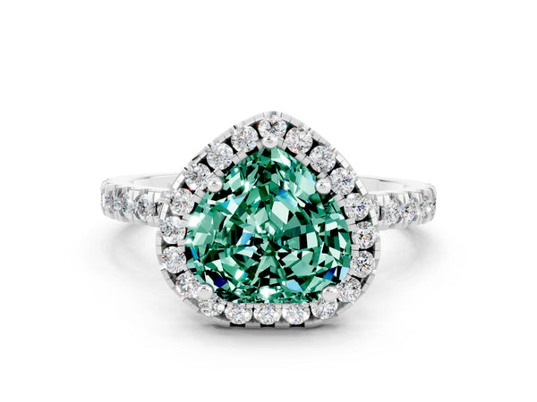 Platinum Heart Cut Green Sapphire Classic Halo Engagement Ring with Round Pavé Band and Prong Setting
