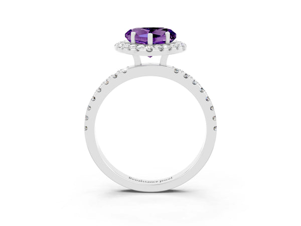Silver Heart Cut Amethyst Classic Halo Engagement Ring with Round Pavé Band and Prong Setting