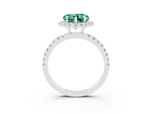 Silver Heart Cut Green Sapphire Classic Halo Engagement Ring with Round Pavé Band and Prong Setting