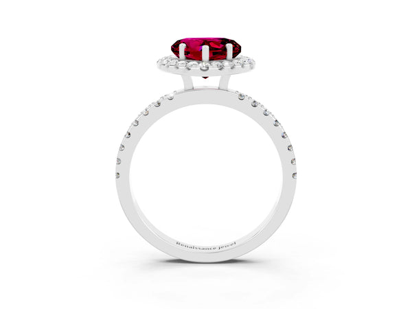 Platinum Heart Cut Garnet Classic Halo Engagement Ring with Round Pavé Band and Prong Setting