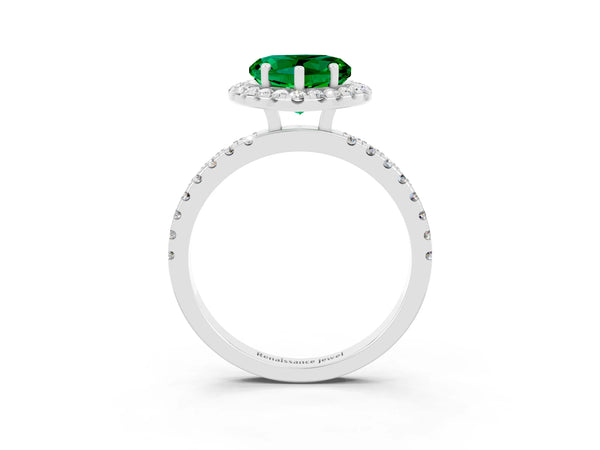 Silver Heart Cut Emerald Classic Halo Engagement Ring with Round Pavé Band and Prong Setting