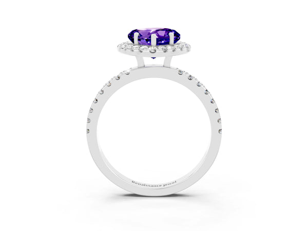 White gold Heart Cut Tanzanite Classic Halo Engagement Ring with Round Pavé Band and Prong Setting