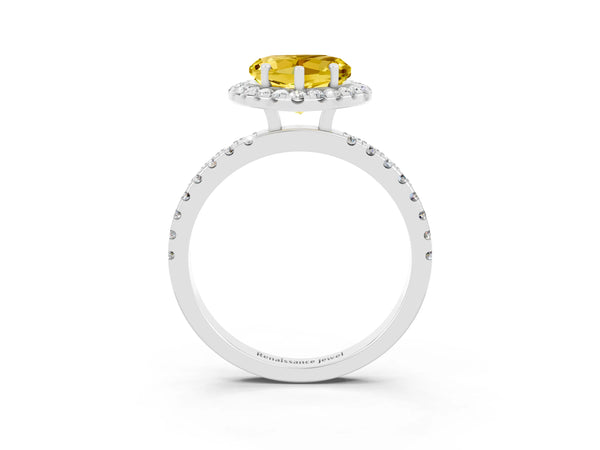 White gold Heart Cut Yellow Sapphire Classic Halo Engagement Ring with Round Pavé Band and Prong Setting