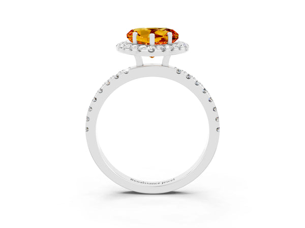 Platinum Heart Cut Citrine Classic Halo Engagement Ring with Round Pavé Band and Prong Setting