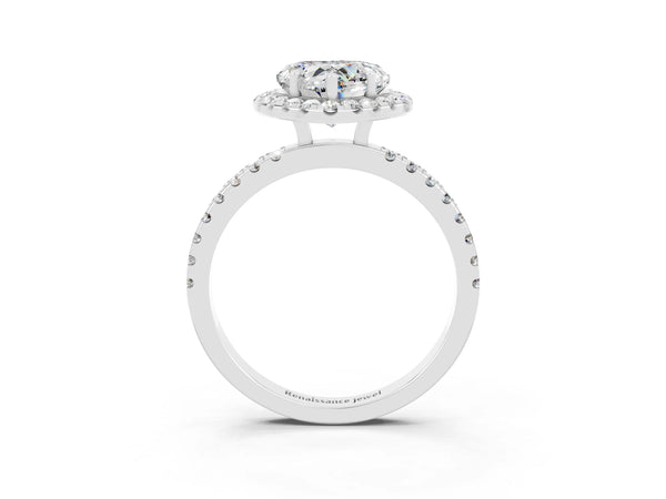 Platinum Heart Cut Moissanite Classic Halo Engagement Ring with Round Pavé Band and Prong Setting