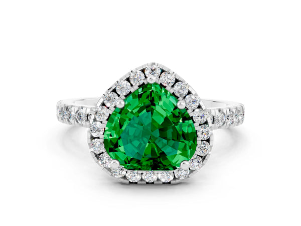 White gold Heart Cut Emerald Classic Halo Engagement Ring with Round Pavé Band and Prong Setting
