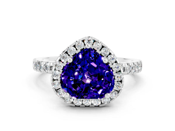 Platinum Heart Cut Tanzanite Classic Halo Engagement Ring with Round Pavé Band and Prong Setting