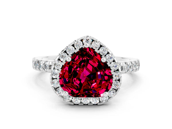 Platinum Heart Cut Garnet Classic Halo Engagement Ring with Round Pavé Band and Prong Setting