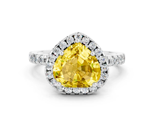 Silver Heart Cut Yellow Sapphire Classic Halo Engagement Ring with Round Pavé Band and Prong Setting