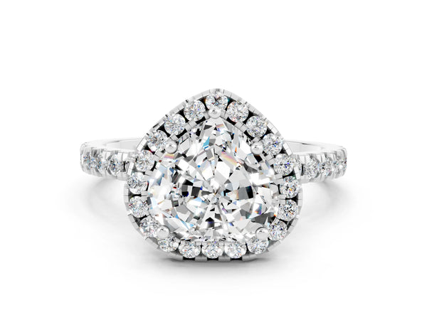 Silver Heart Cut Moissanite Classic Halo Engagement Ring with Round Pavé Band and Prong Setting