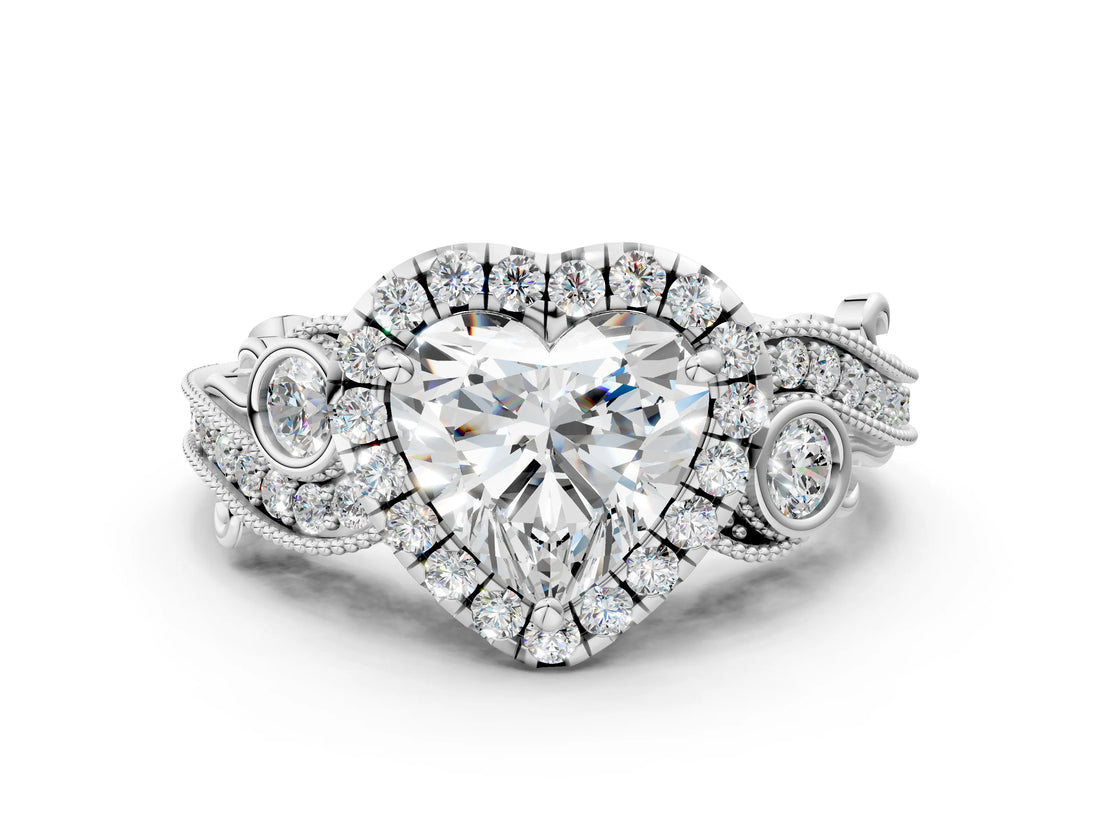 White gold Heart Cut Halo Diamond Ring with Milgrain and Bezel Accents on a Split Shank Band_15