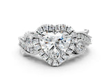 White gold Heart Cut Halo Diamond Ring with Milgrain and Bezel Accents on a Split Shank Band_237