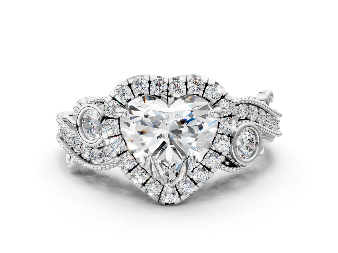 White gold Heart Cut Halo Diamond Ring with Milgrain and Bezel Accents on a Split Shank Band_276