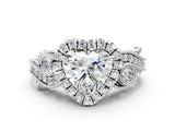 White gold Heart Cut Halo Diamond Ring with Milgrain and Bezel Accents on a Split Shank Band_276