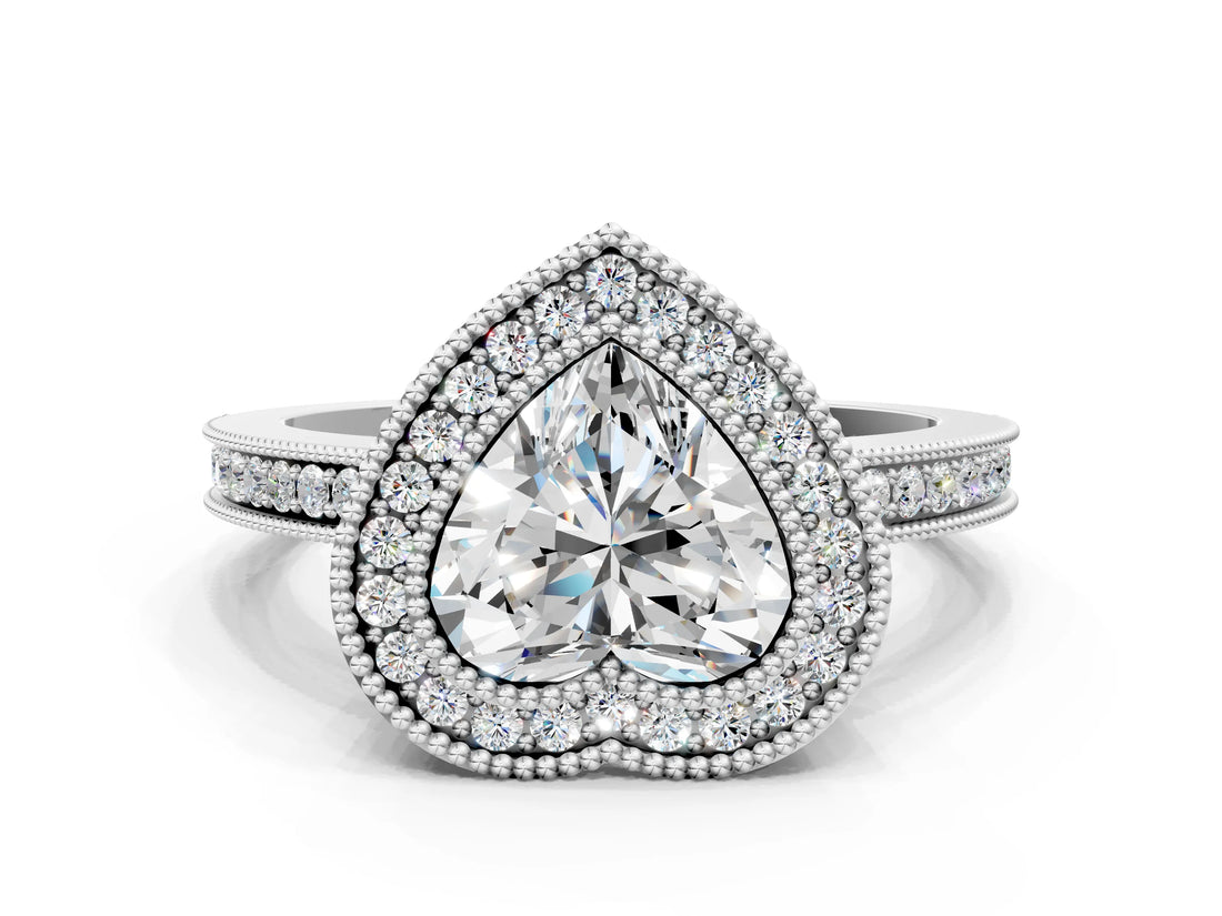 White gold Heart Cut Halo Diamond Ring with Pavé Band and Milgrain Prong Setting_32