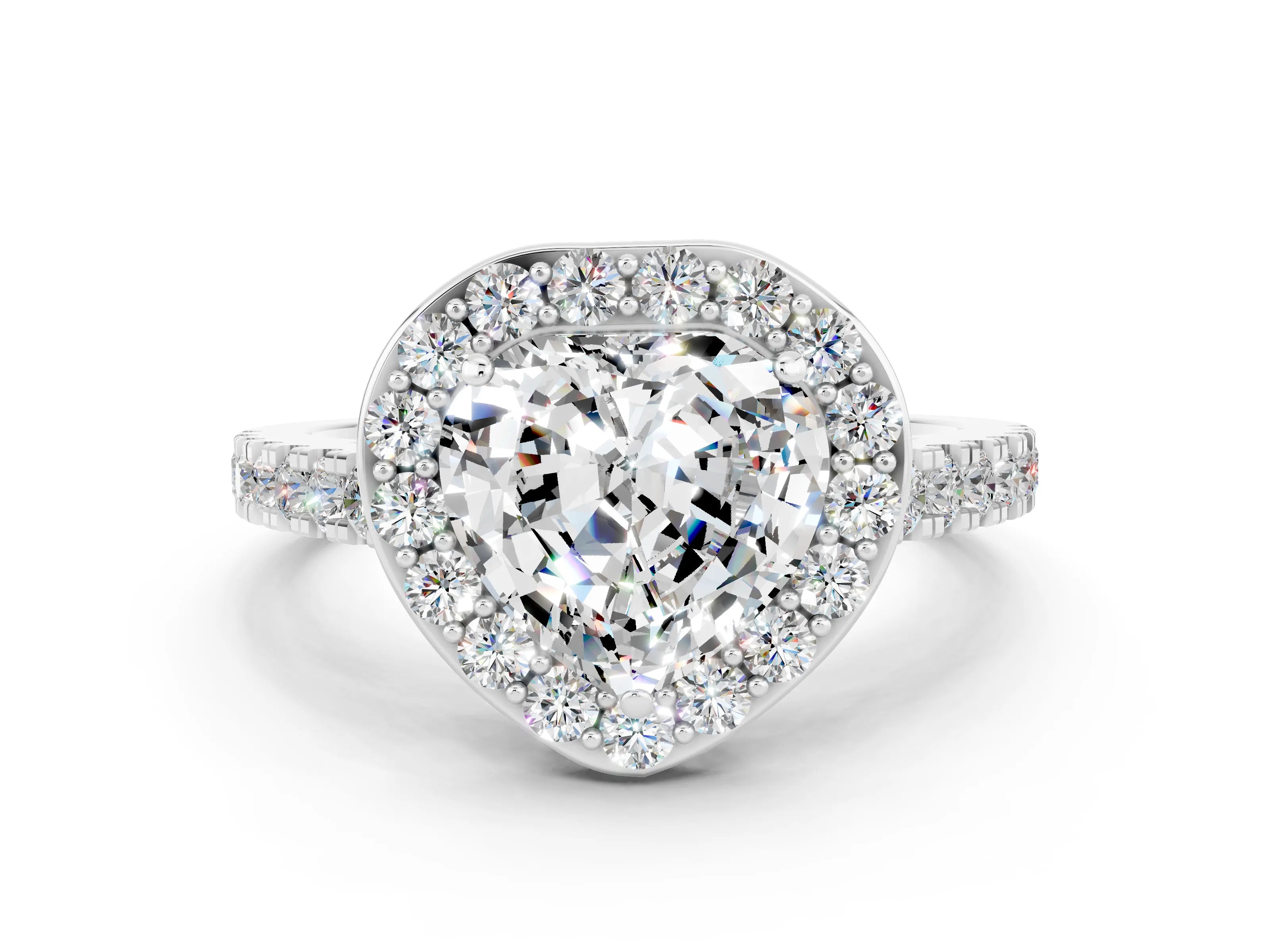 White gold Heart Cut Halo Diamond Ring with Pavé Band and Three-Prong Setting