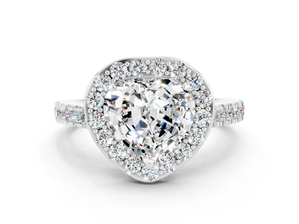 Platinum Heart Cut Moissanite Halo Ring with Round Pavé Split Shank and Prong Setting