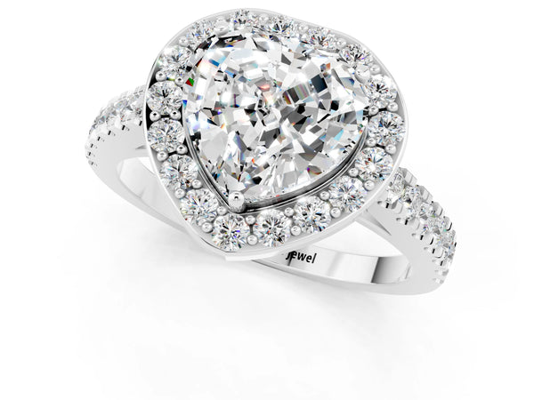 Platinum Heart Cut Moissanite Halo Ring with Round Pavé Split Shank and Prong Setting