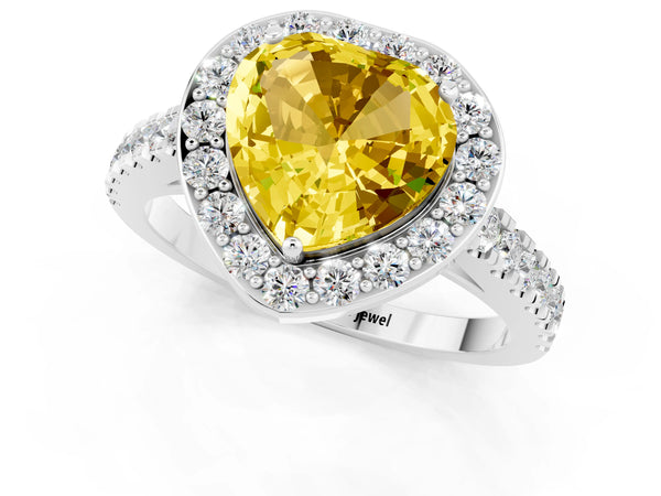 Platinum Heart Cut Yellow Sapphire Halo Ring with Round Pavé Split Shank and Prong Setting