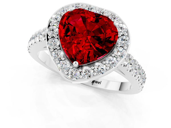 Platinum Heart Cut Ruby Halo Ring with Round Pavé Split Shank and Prong Setting