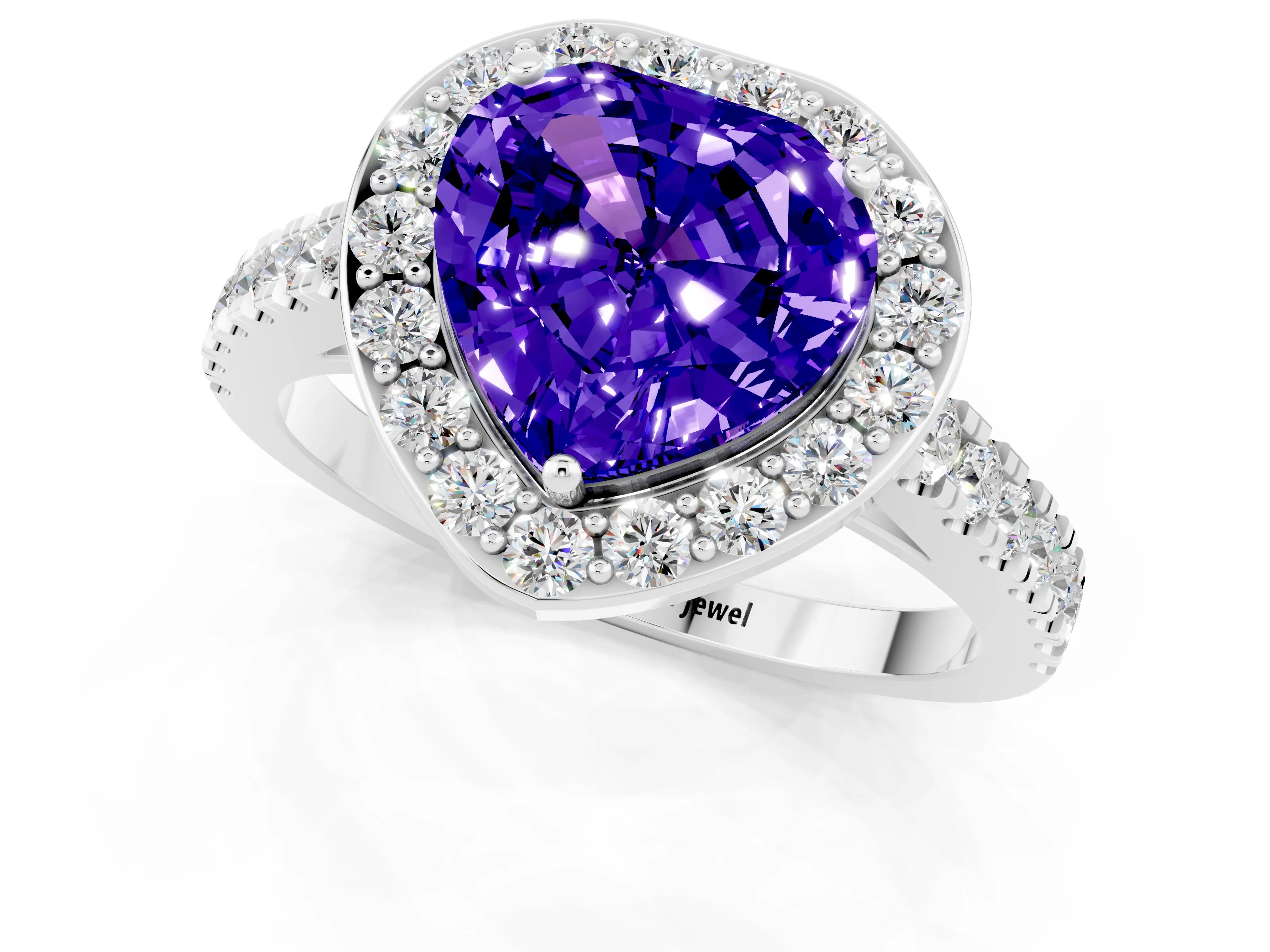 White gold Heart Cut Halo Diamond Ring with Pavé Band and Three-Prong Setting_1