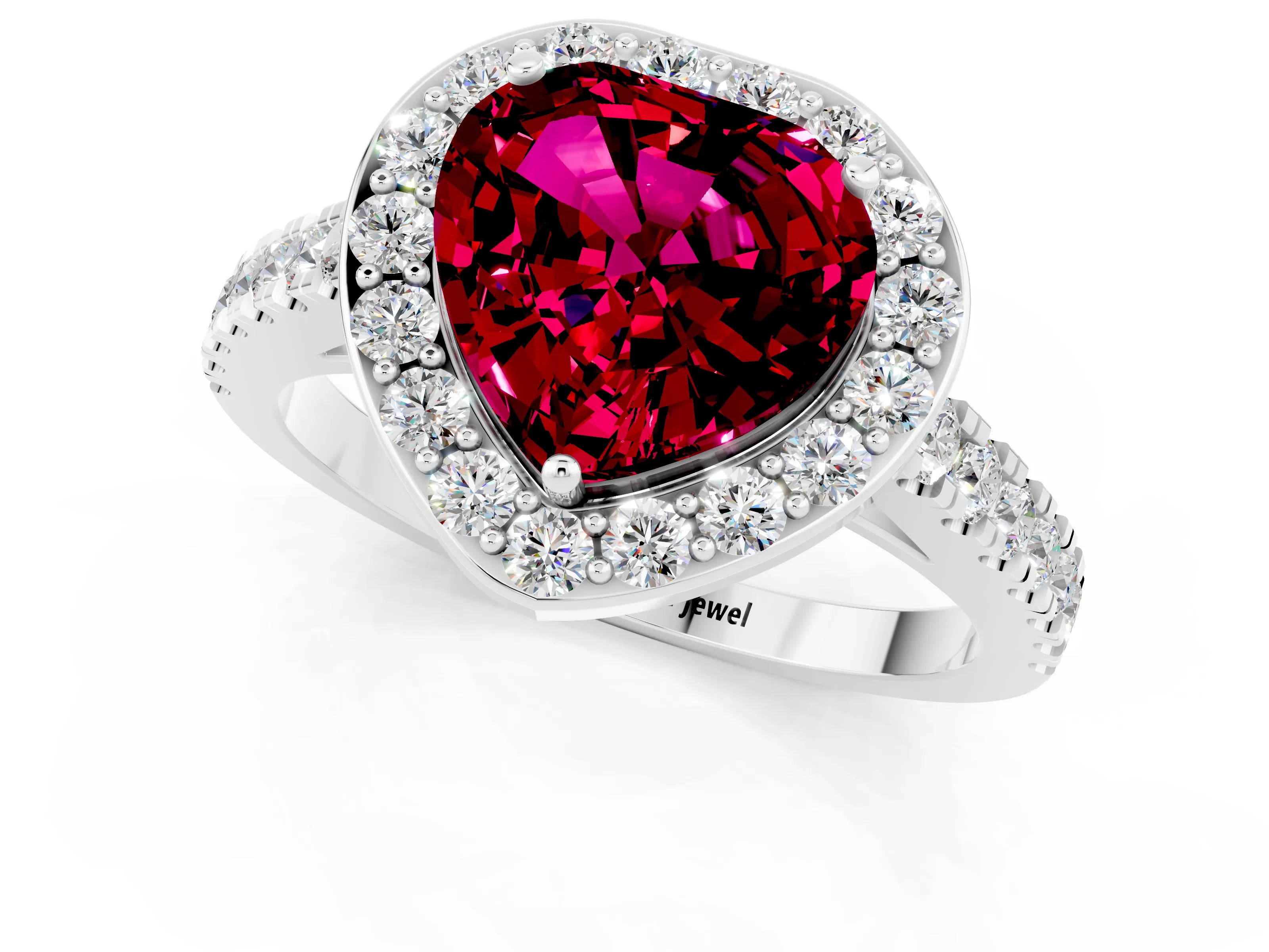 White gold Heart Cut Halo Diamond Ring with Pavé Band and Three-Prong Setting_1
