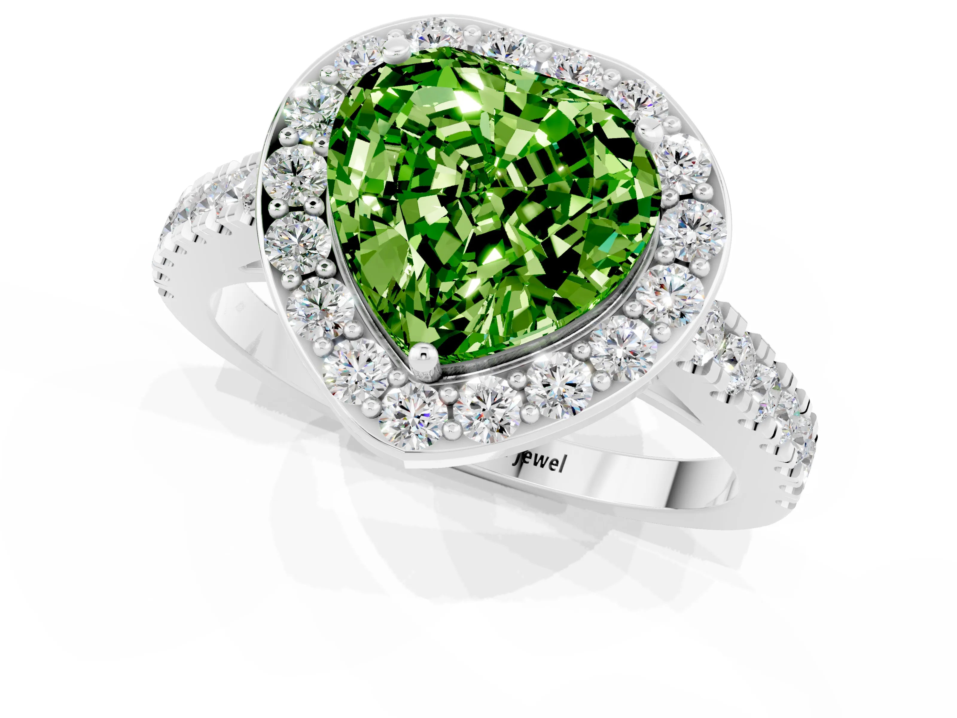 White gold Heart Cut Halo Diamond Ring with Pavé Band and Three-Prong Setting_1