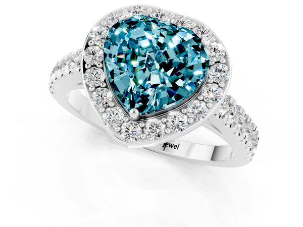 Silver Heart Cut Halo Diamond Ring with Pavé Band and Three-Prong Setting