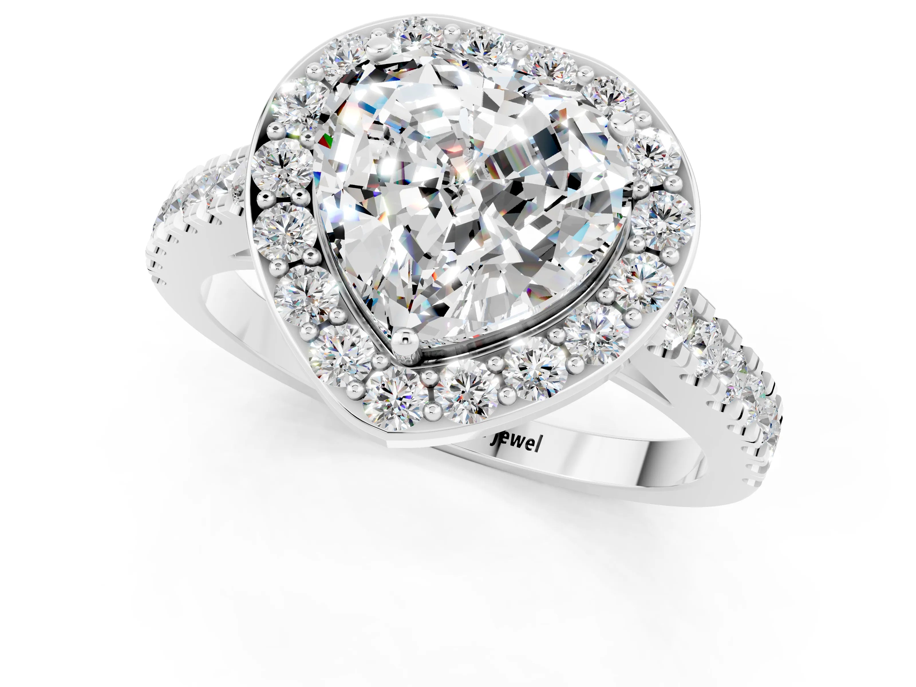 White gold Heart Cut Halo Diamond Ring with Pavé Band and Three-Prong Setting_1