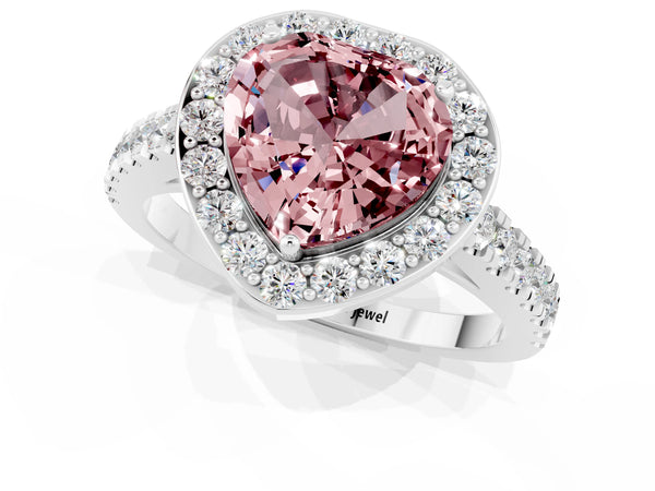 Silver Heart Cut Halo Diamond Ring with Pavé Band and Three-Prong Setting