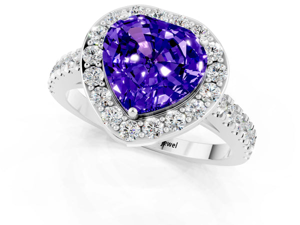 Platinum Heart Cut Tanzanite Halo Ring with Round Pavé Split Shank and Prong Setting