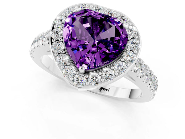 Silver Heart Cut Amethyst Halo Ring with Round Pavé Split Shank and Prong Setting