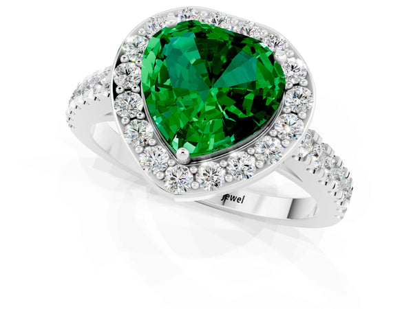 Silver Heart Cut Emerald Halo Ring with Round Pavé Split Shank and Prong Setting