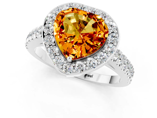 White gold Heart Cut Citrine Halo Ring with Round Pavé Split Shank and Prong Setting