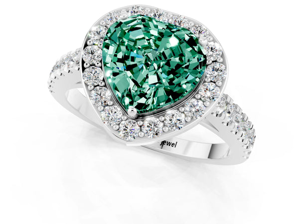 Platinum Heart Cut Green Sapphire Halo Ring with Round Pavé Split Shank and Prong Setting