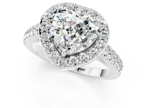 White gold Heart Cut Halo Diamond Ring with Pavé Band and Three-Prong Setting_1