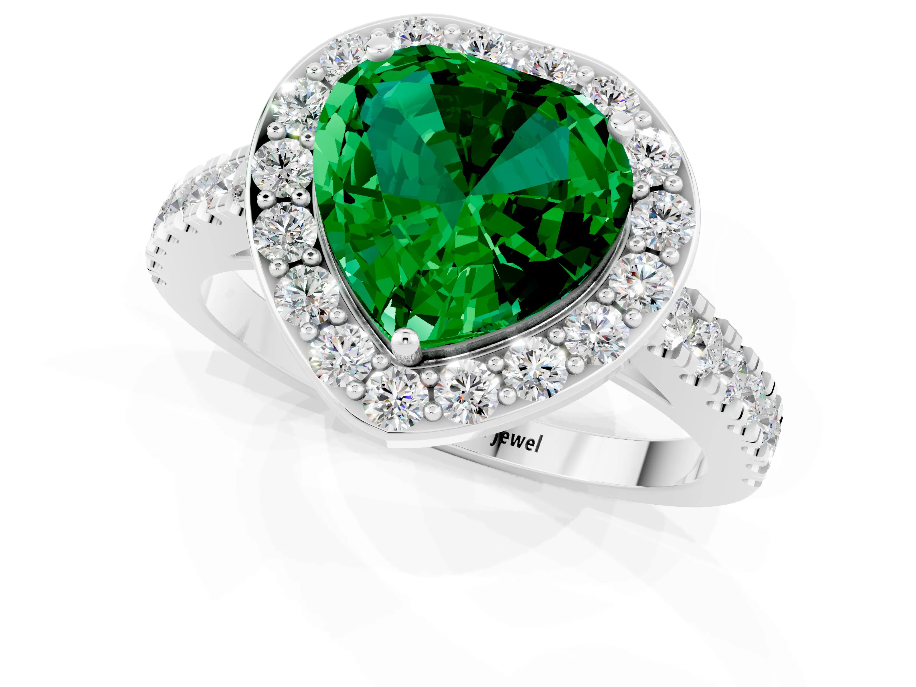 White gold Heart Cut Halo Diamond Ring with Pavé Band and Three-Prong Setting_1